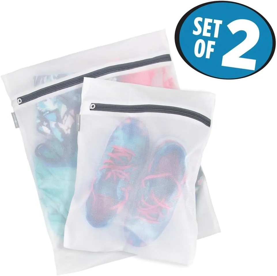 iDesign Mesh Laundry Bags with Built in Zipper for Cleaning Delicates Set of 2, 1 Medium and 1 Large Bag, White
