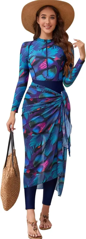 IDOPIP Muslim Burkini Swimsuit for Women's One Piece Swimsuit with Beach Skirt Cover up Sarong Pants Hijab 5PCS Bathing Suit