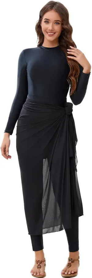 IDOPIP Muslim Burkini Swimsuit for Women's One Piece Swimsuit with Beach Skirt Cover up Sarong Pants Hijab 5PCS Bathing Suit