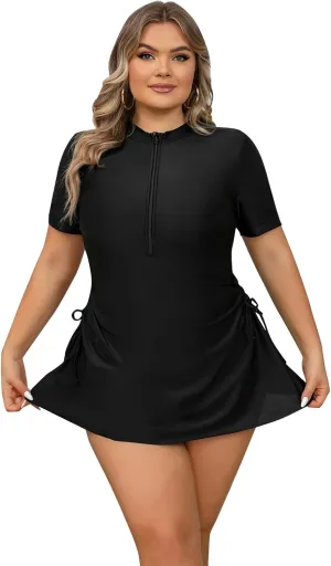 IDOPIP Plus Size One Piece Swimsuit for Women Tummy Control Bathing Suit Sun Protection UPF 50  Rash Guard Surfing Swimwear