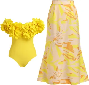 IMEKIS Women Floral Swimsuit with Maxi Beach Skirt Set Retro Swimwear Monokini Bikini Sets Summer Holiday Outfit