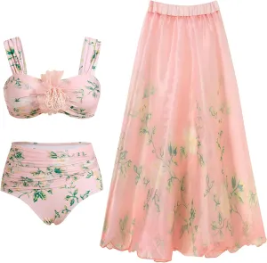 IMEKIS Women Floral Swimsuit with Maxi Beach Skirt Set Retro Swimwear Monokini Bikini Sets Summer Holiday Outfit