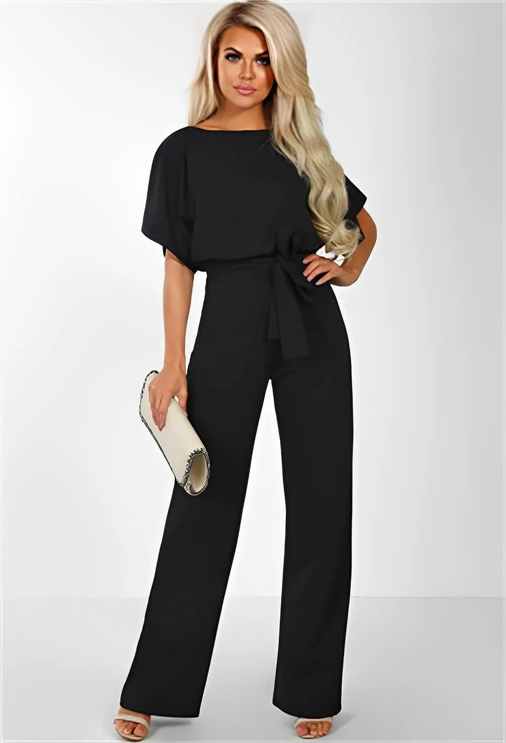 IVERIRMIN Women's Elegant Dressy Jumpsuits Casual Short Sleeve Crew Neck Wide Leg Pant Belted Romper Formal Jumpsuits