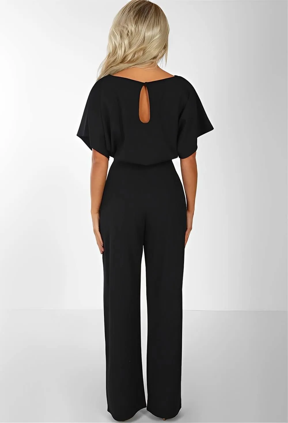 IVERIRMIN Women's Elegant Dressy Jumpsuits Casual Short Sleeve Crew Neck Wide Leg Pant Belted Romper Formal Jumpsuits