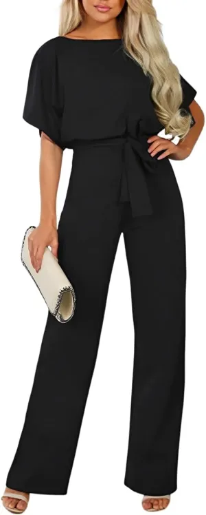 IVERIRMIN Women's Elegant Dressy Jumpsuits Casual Short Sleeve Crew Neck Wide Leg Pant Belted Romper Formal Jumpsuits
