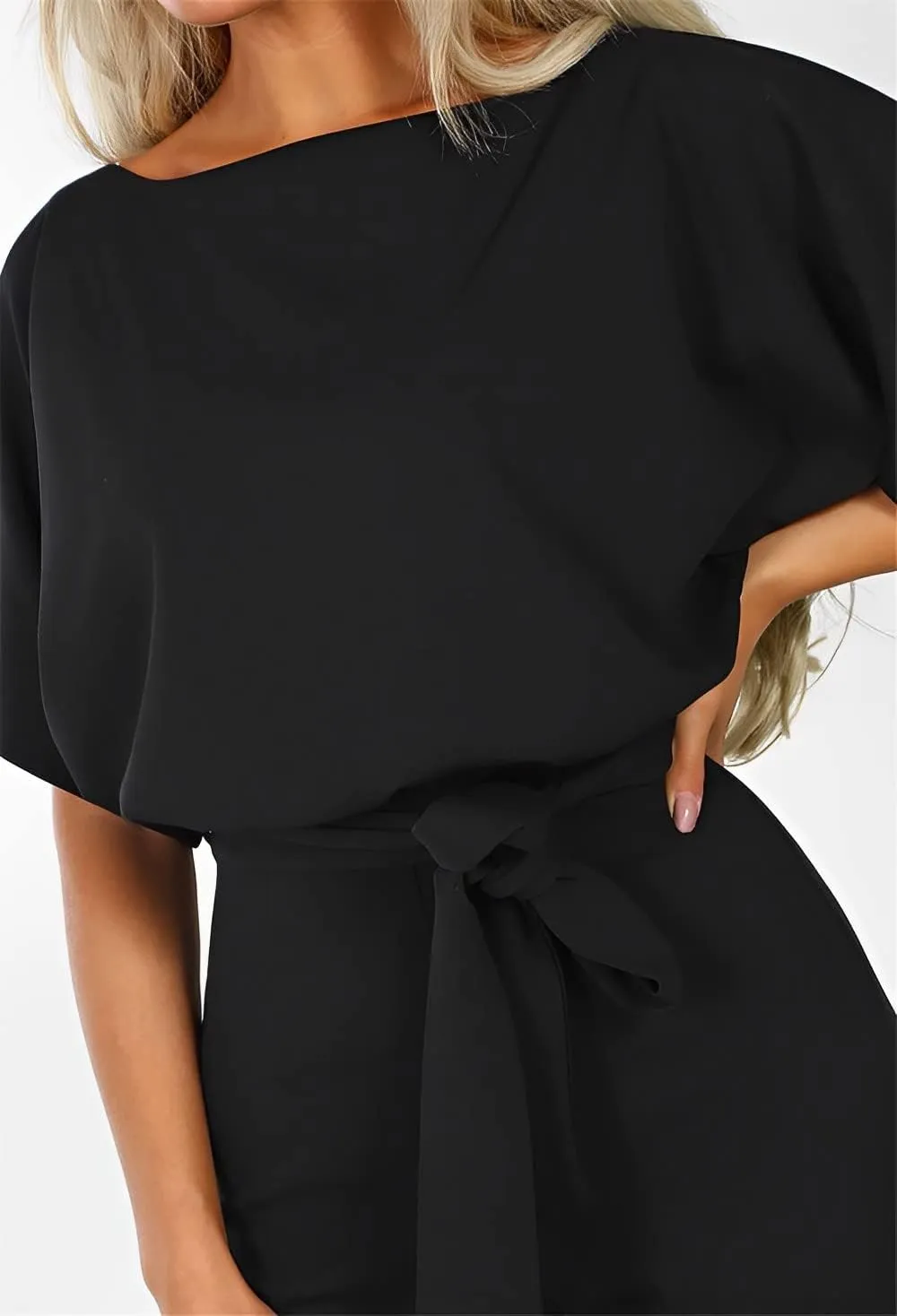 IVERIRMIN Women's Elegant Dressy Jumpsuits Casual Short Sleeve Crew Neck Wide Leg Pant Belted Romper Formal Jumpsuits
