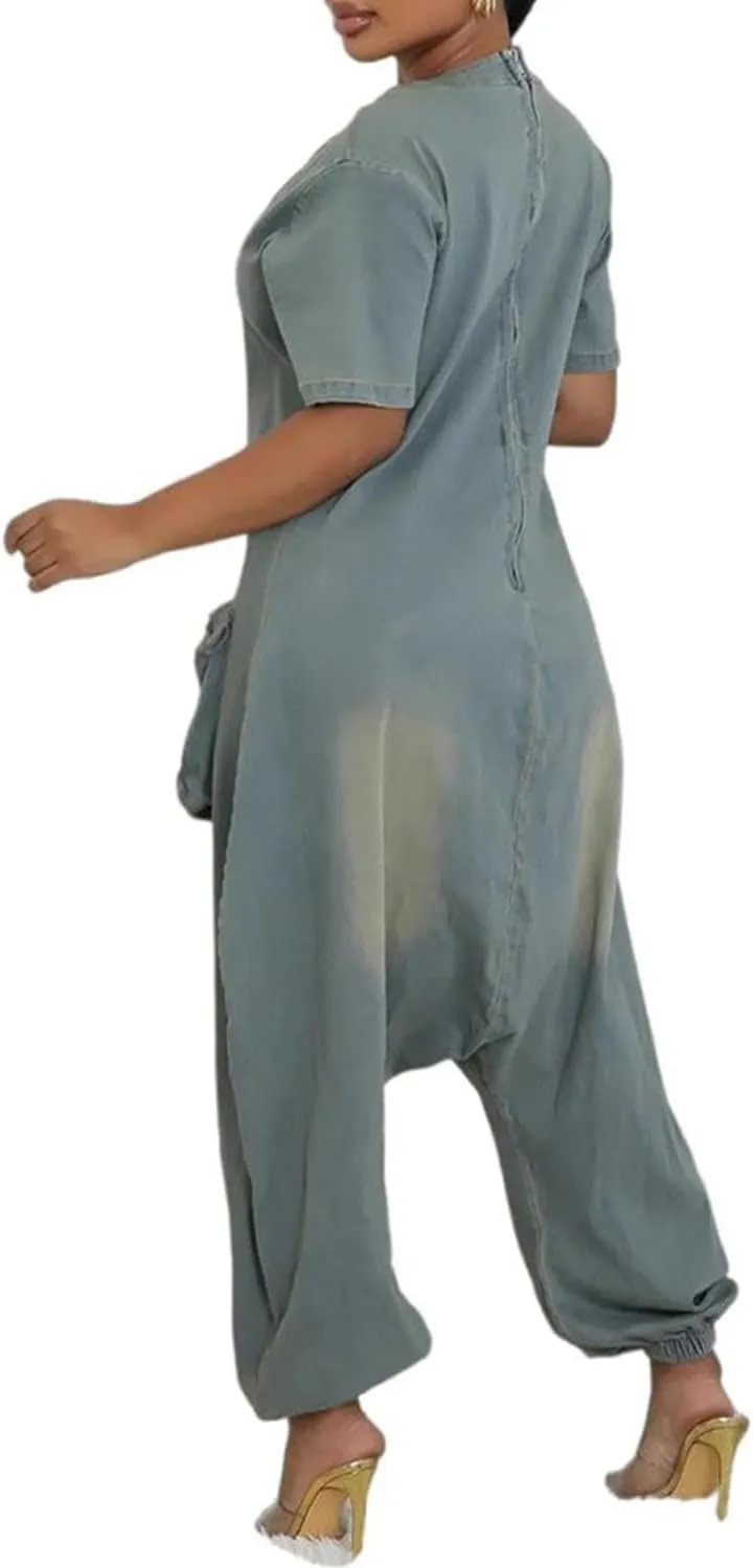 Jean Jumpsuits for Women Demin Loose Casual Baggy Harem Pants Romper