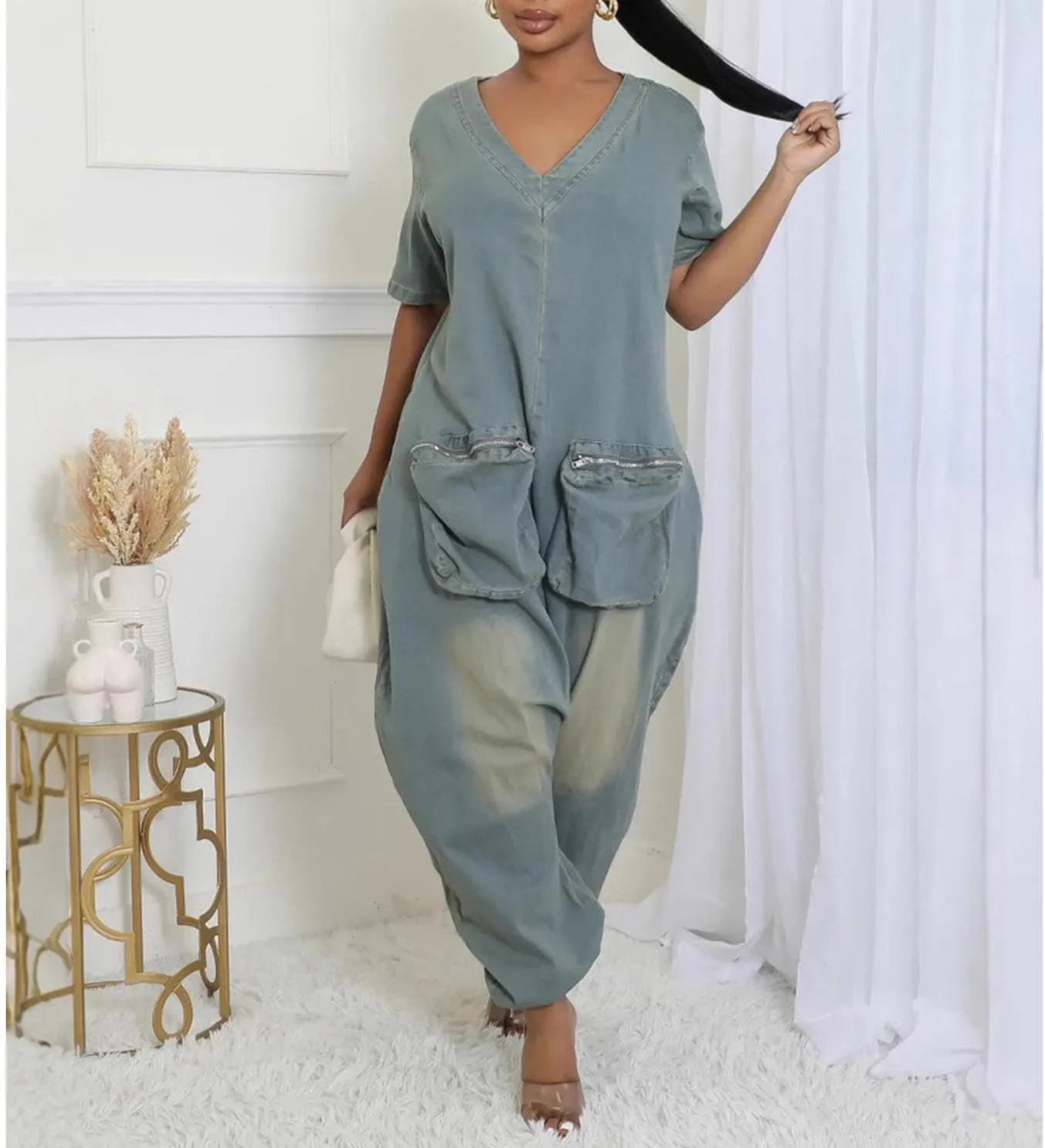 Jean Jumpsuits for Women Demin Loose Casual Baggy Harem Pants Romper