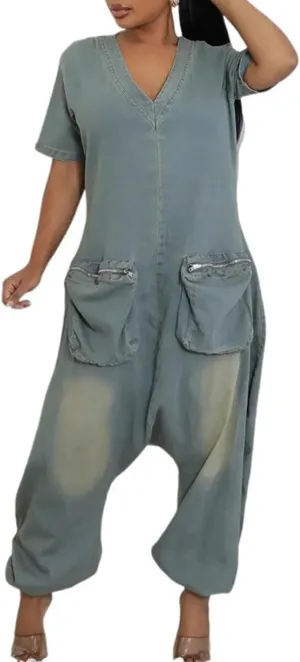 Jean Jumpsuits for Women Demin Loose Casual Baggy Harem Pants Romper