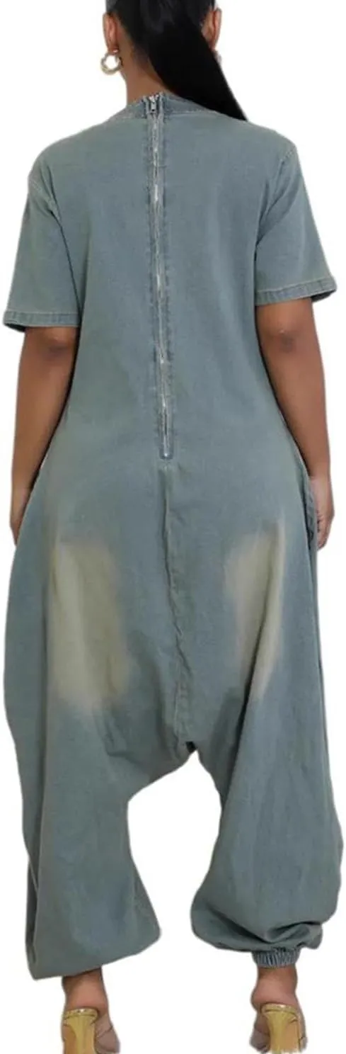 Jean Jumpsuits for Women Demin Loose Casual Baggy Harem Pants Romper