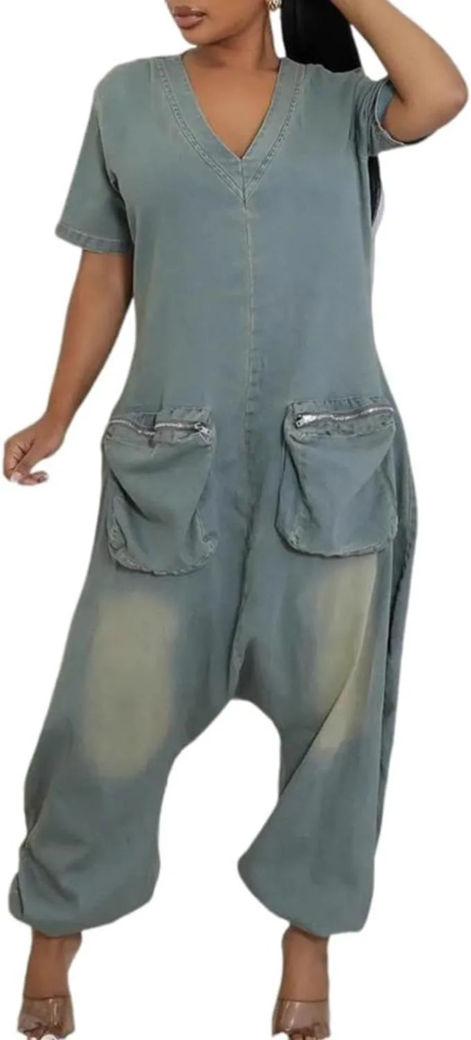 Jean Jumpsuits for Women Demin Loose Casual Baggy Harem Pants Romper
