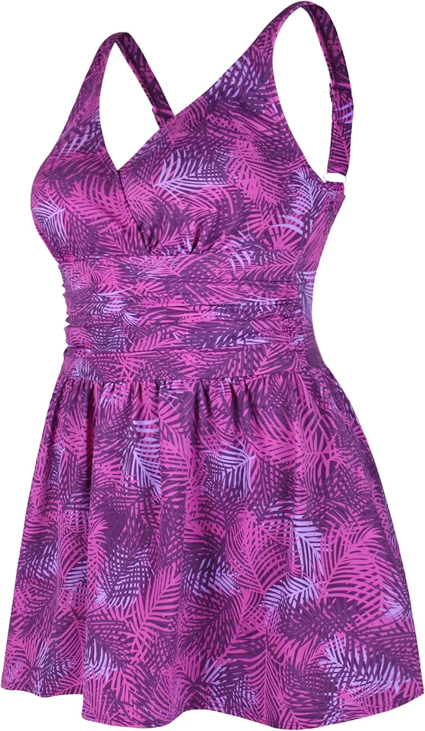 JINXUEER Womens Plus Size Swim Dress Floral Print Ruched Modest Slimming One Piece Skirt Swimsuit