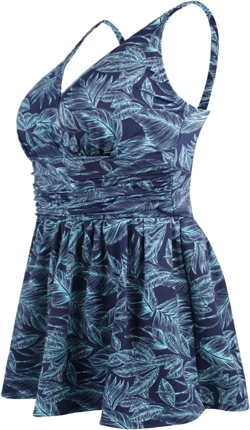 JINXUEER Womens Plus Size Swim Dress Floral Print Ruched Modest Slimming One Piece Skirt Swimsuit