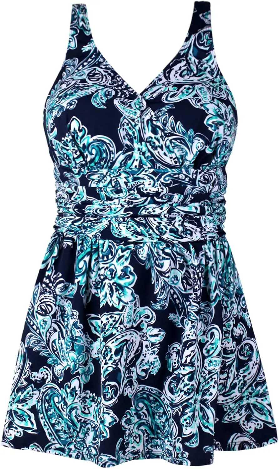 JINXUEER Womens Plus Size Swim Dress Floral Print Ruched Modest Slimming One Piece Skirt Swimsuit