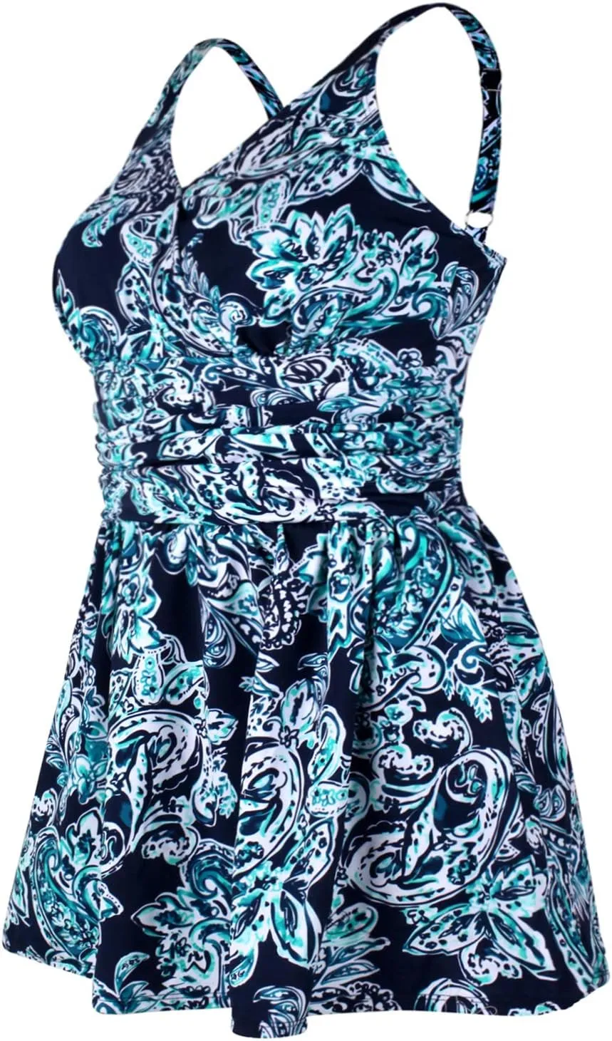 JINXUEER Womens Plus Size Swim Dress Floral Print Ruched Modest Slimming One Piece Skirt Swimsuit