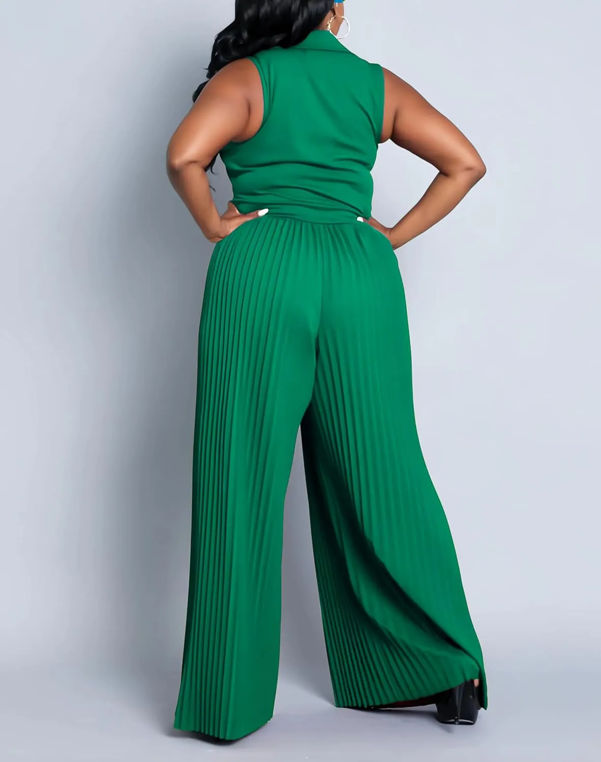 Jumpsuits for Women Dressy Formal Plus Size Wide Legs Pleated Pants V Neck Sleeveless Rompers Evening Party Office
