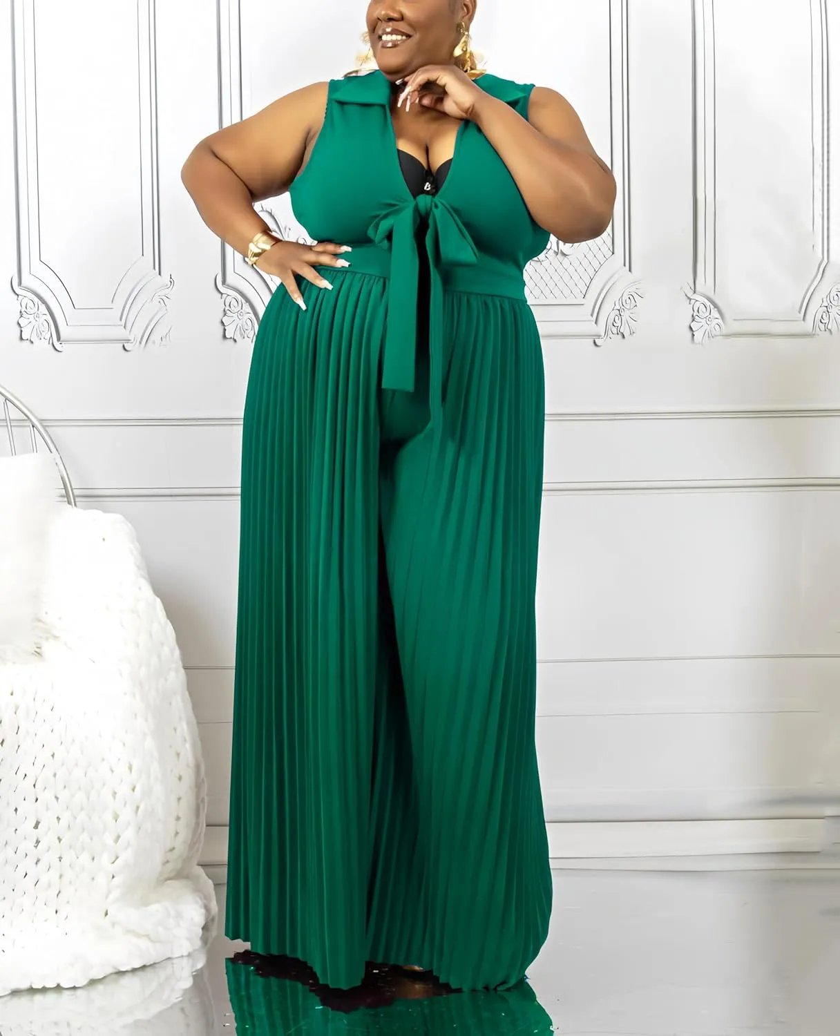 Jumpsuits for Women Dressy Formal Plus Size Wide Legs Pleated Pants V Neck Sleeveless Rompers Evening Party Office