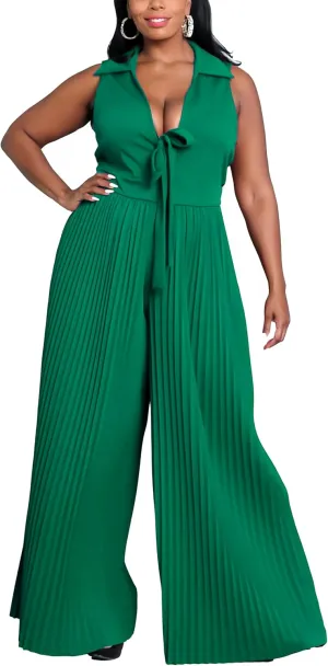 Jumpsuits for Women Dressy Formal Plus Size Wide Legs Pleated Pants V Neck Sleeveless Rompers Evening Party Office