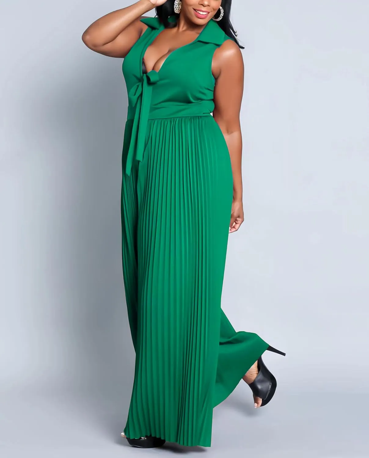 Jumpsuits for Women Dressy Formal Plus Size Wide Legs Pleated Pants V Neck Sleeveless Rompers Evening Party Office