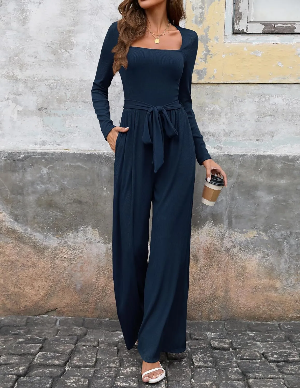 Jumpsuits For Women Dressy Long Sleeve Square Neck Casual Belted Wide Leg Long Pants Romper One Piece Outfits