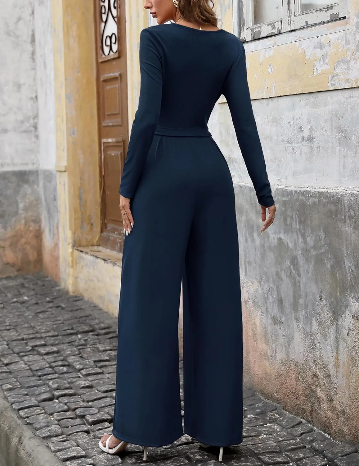 Jumpsuits For Women Dressy Long Sleeve Square Neck Casual Belted Wide Leg Long Pants Romper One Piece Outfits