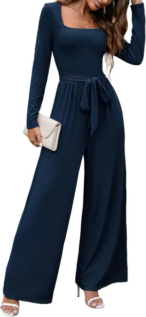Jumpsuits For Women Dressy Long Sleeve Square Neck Casual Belted Wide Leg Long Pants Romper One Piece Outfits