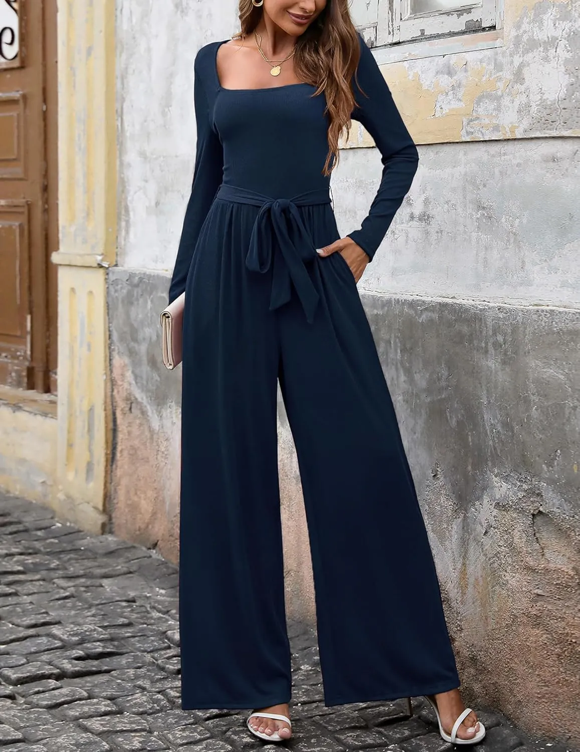 Jumpsuits For Women Dressy Long Sleeve Square Neck Casual Belted Wide Leg Long Pants Romper One Piece Outfits