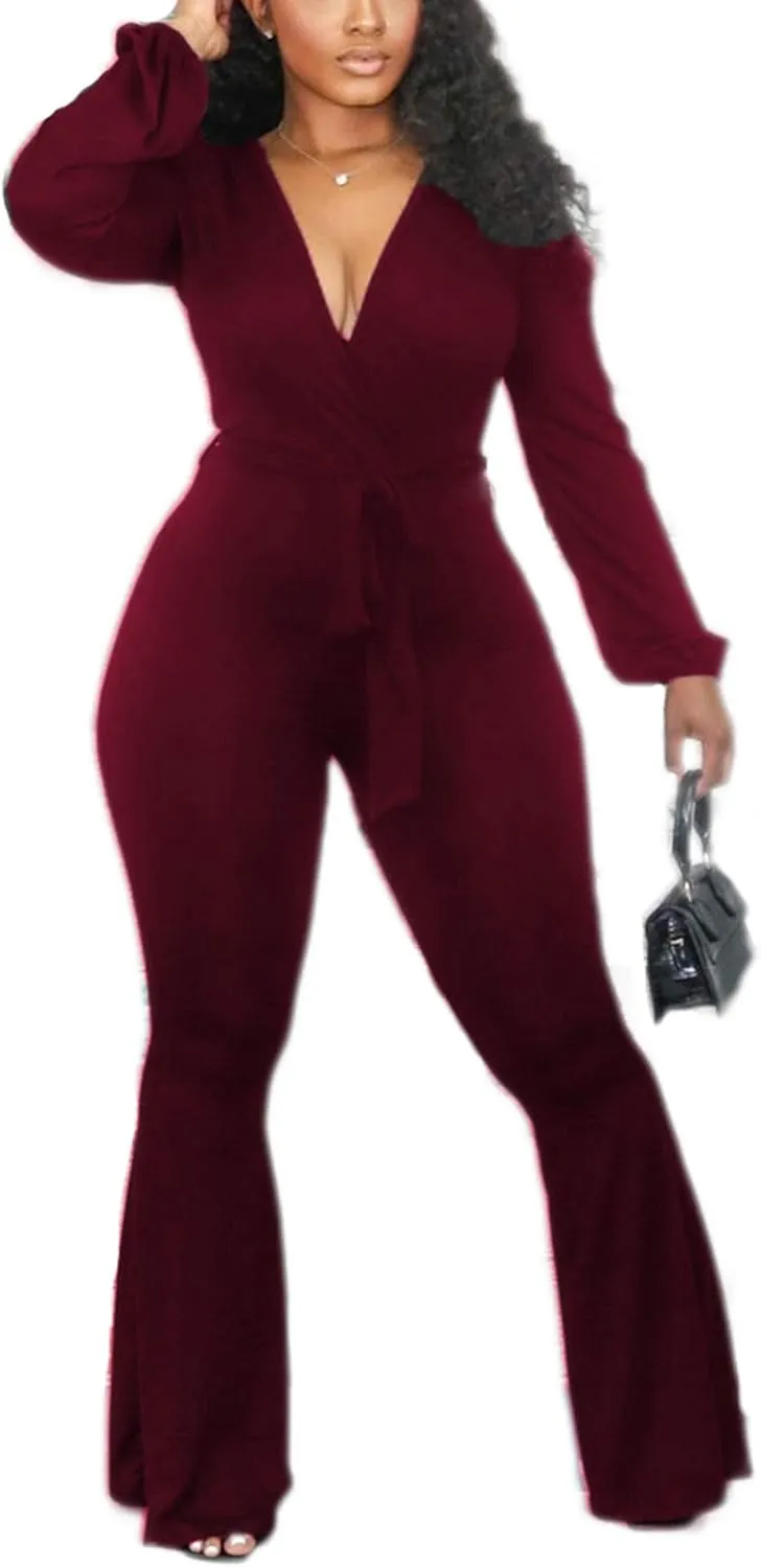 Jumpsuits for Women Elegant One Piece Outfits High Waist Bell Pants Suits Jumper with Belt Plus Size