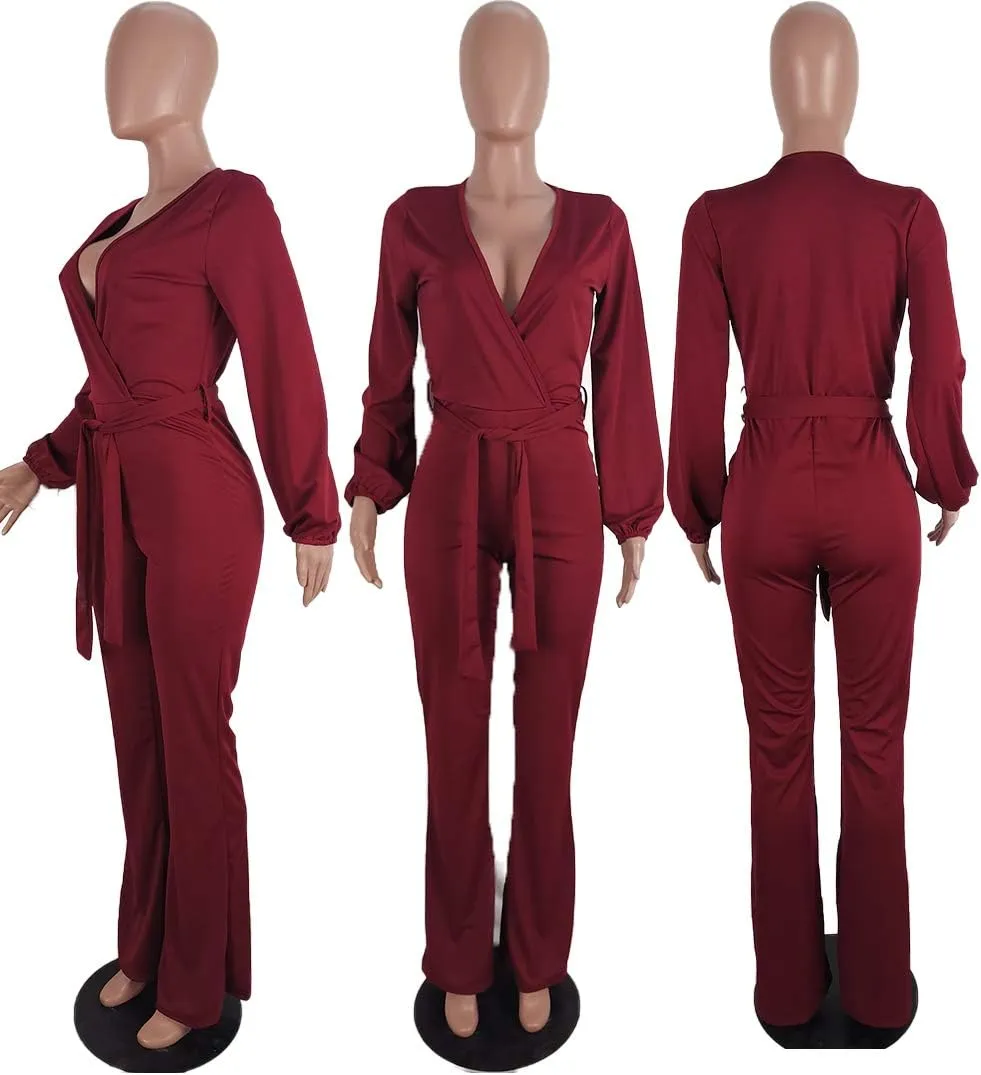Jumpsuits for Women Elegant One Piece Outfits High Waist Bell Pants Suits Jumper with Belt Plus Size