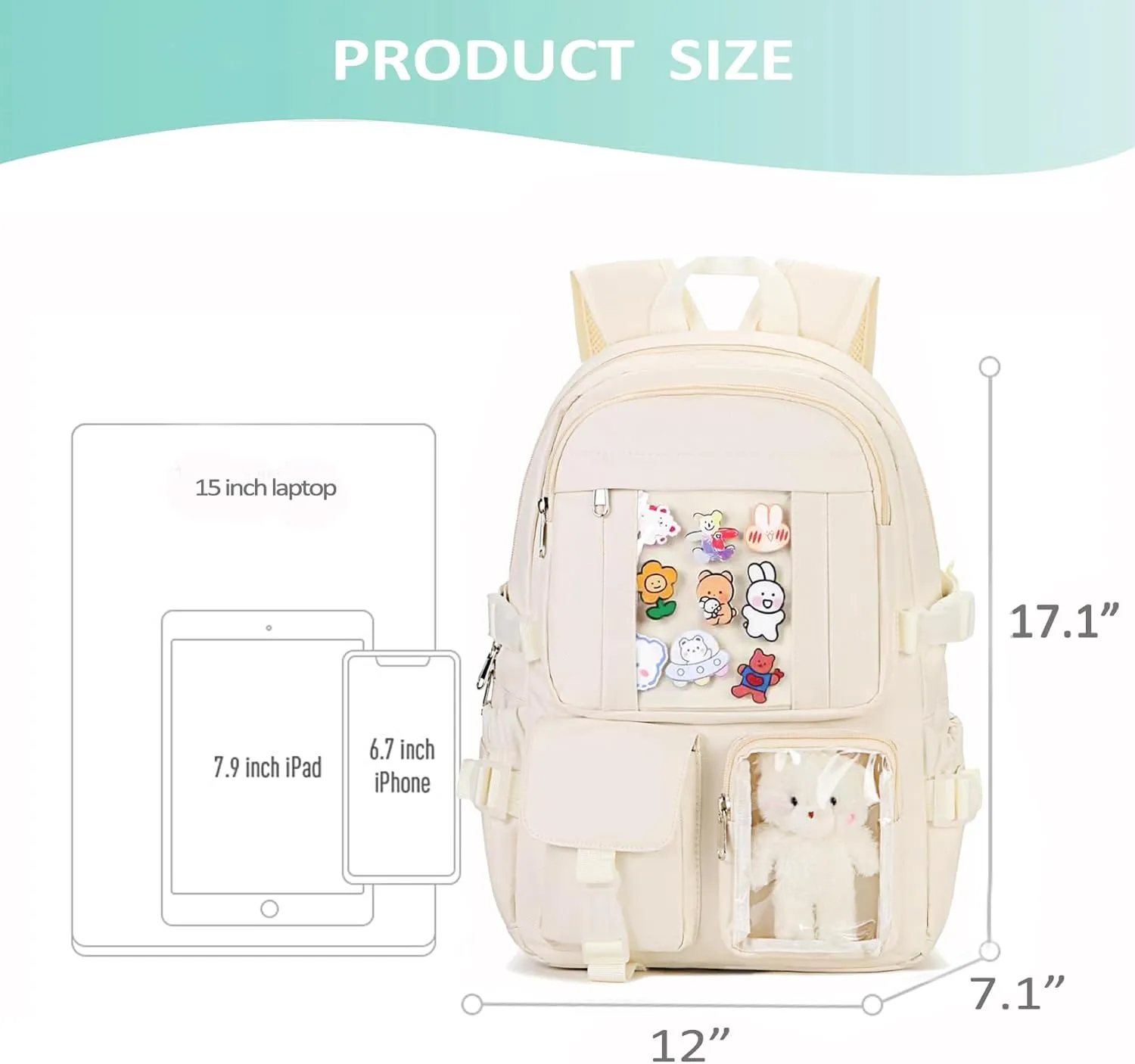 Kawaii Backpack for Teen Girls, Cute Aesthetic High Middle School College Bookbag with Accessories, Grey Flower