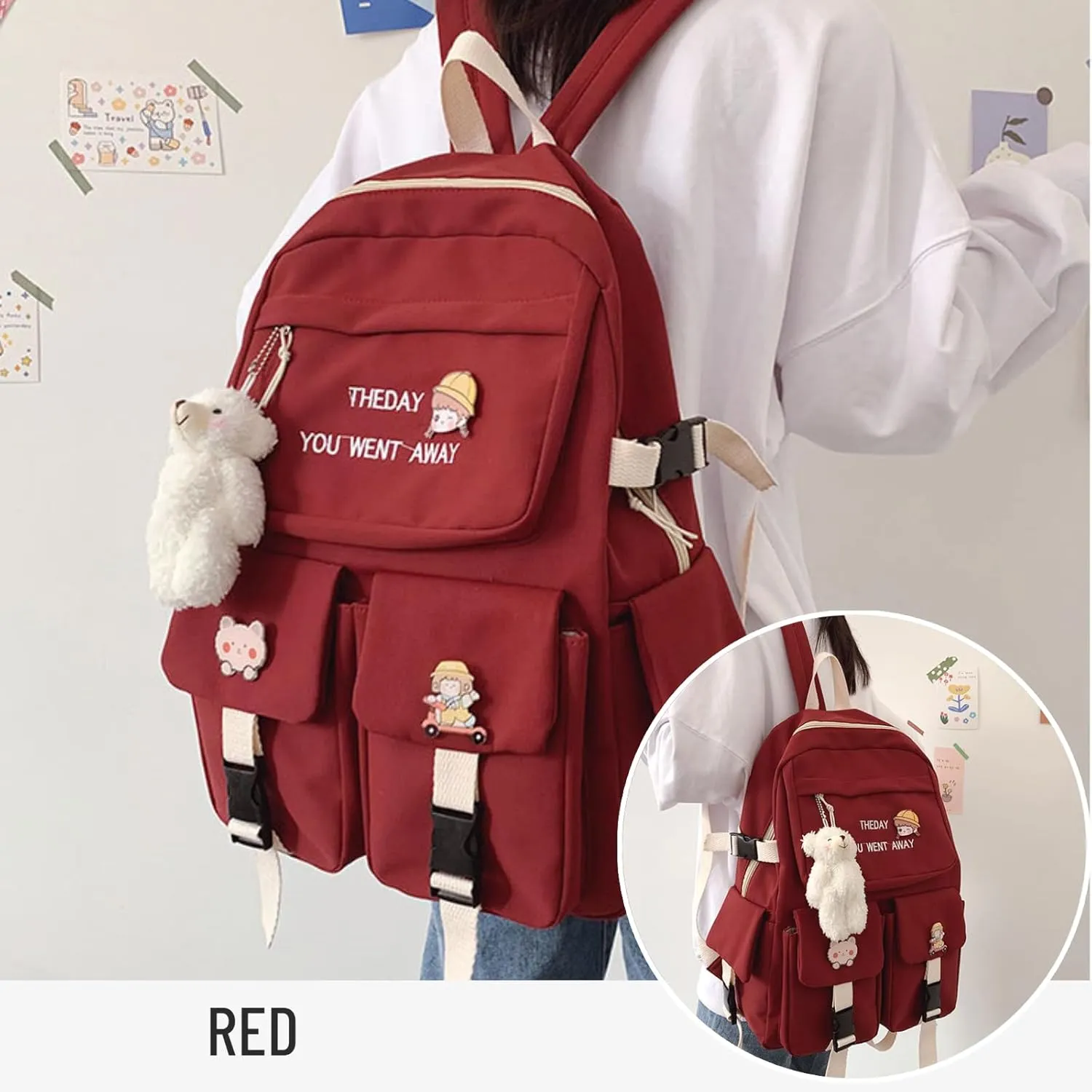 Kawaii Backpack with Cute Accessories Pendant Travel Women Laptop Bags Large Outdoor Waterproof Casual Daypack (Red)