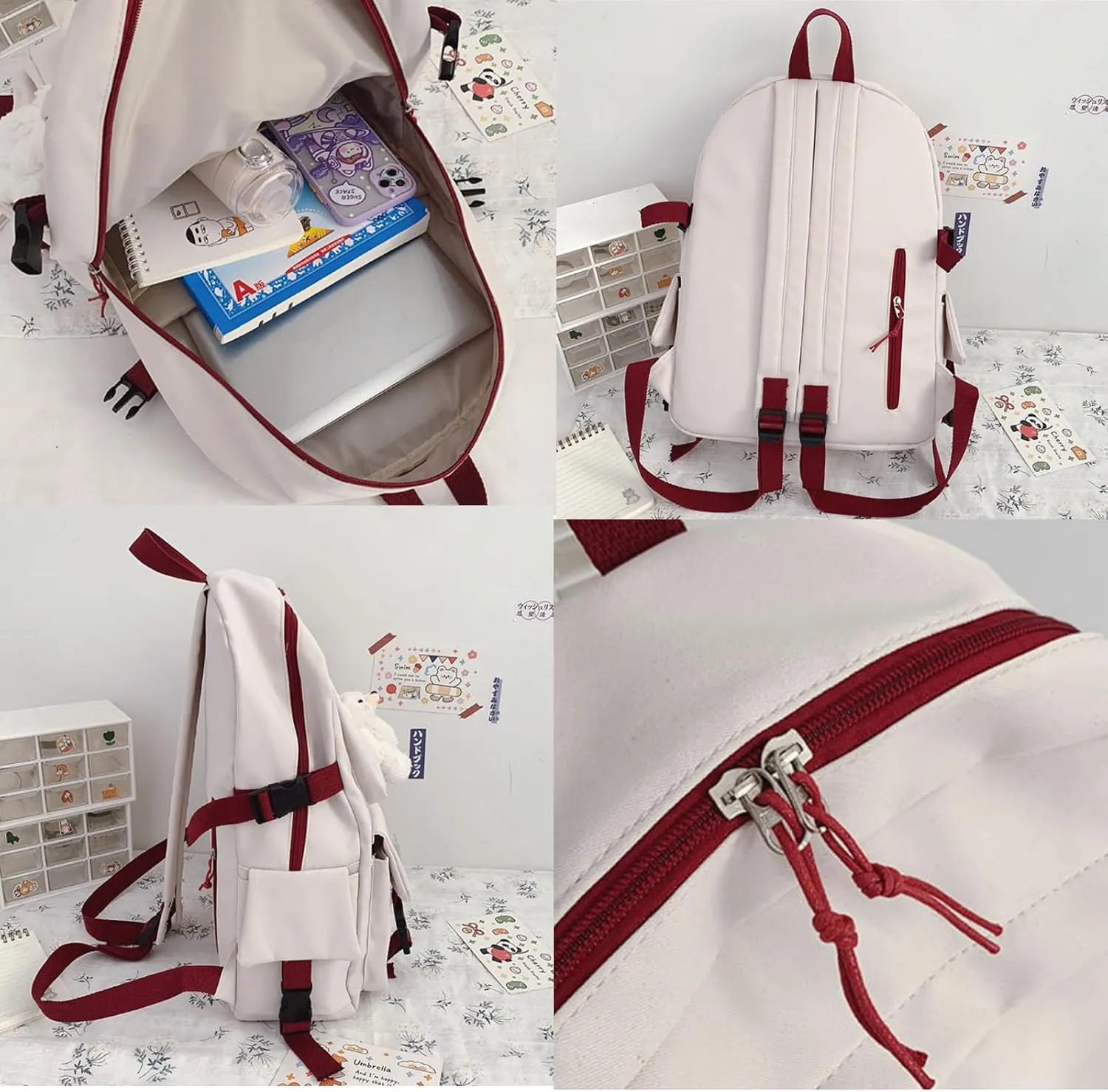Kawaii Backpack with Cute Accessories Pendant Travel Women Laptop Bags Large Outdoor Waterproof Casual Daypack (Red)