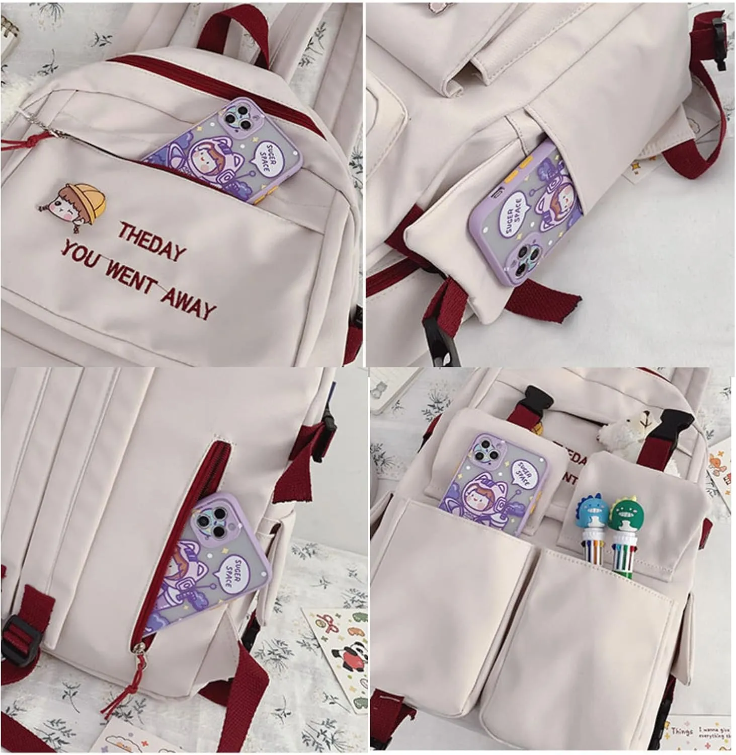 Kawaii Backpack with Cute Accessories Pendant Travel Women Laptop Bags Large Outdoor Waterproof Casual Daypack (Red)
