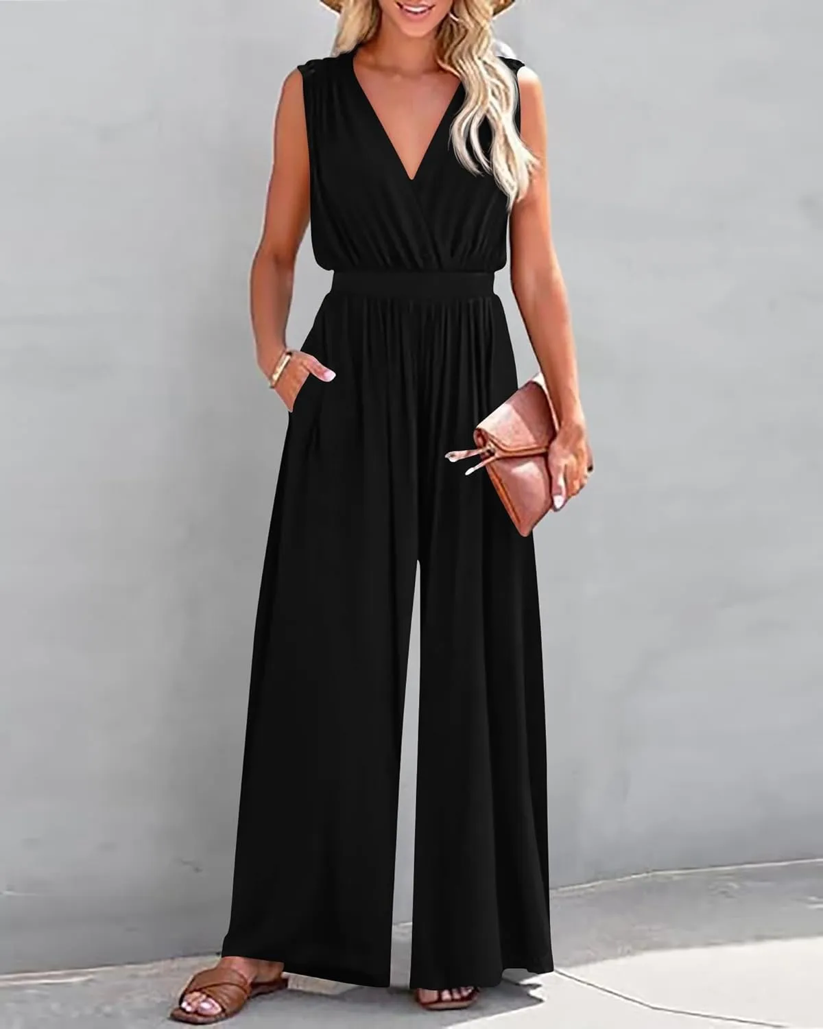 KIRUNDO Jumpsuits For Women Summer Dressy Casual One Piece Sleeveless Wrap V Neck Wide Leg Pants Romper With Pockets