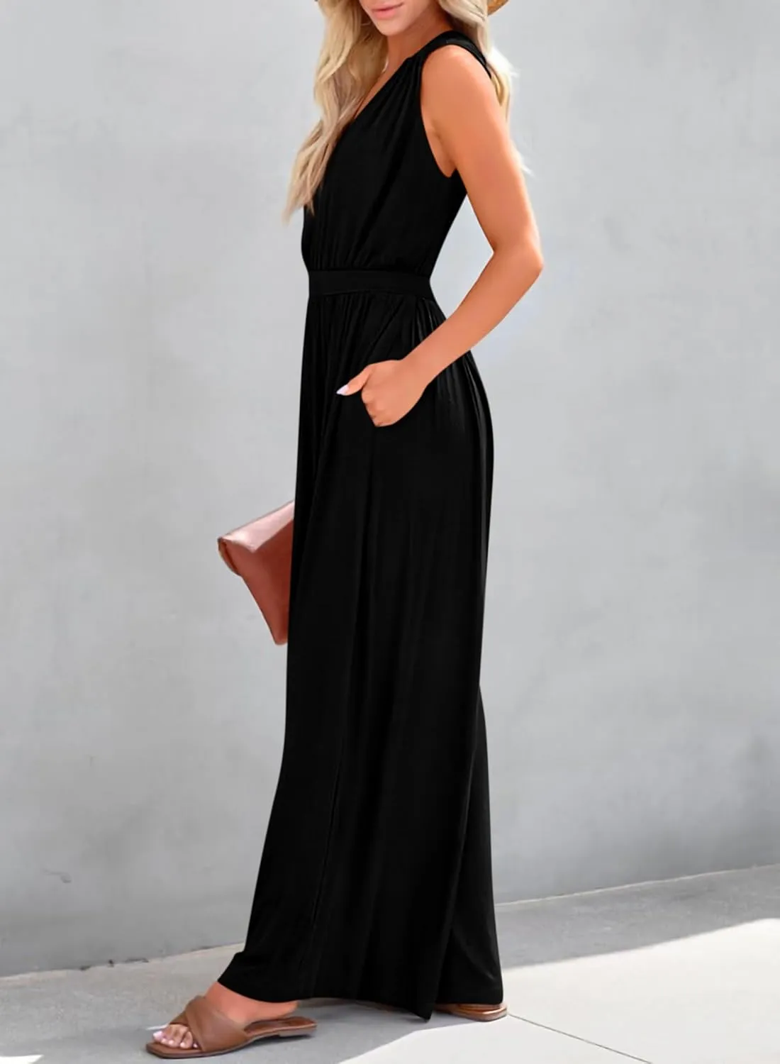 KIRUNDO Jumpsuits For Women Summer Dressy Casual One Piece Sleeveless Wrap V Neck Wide Leg Pants Romper With Pockets