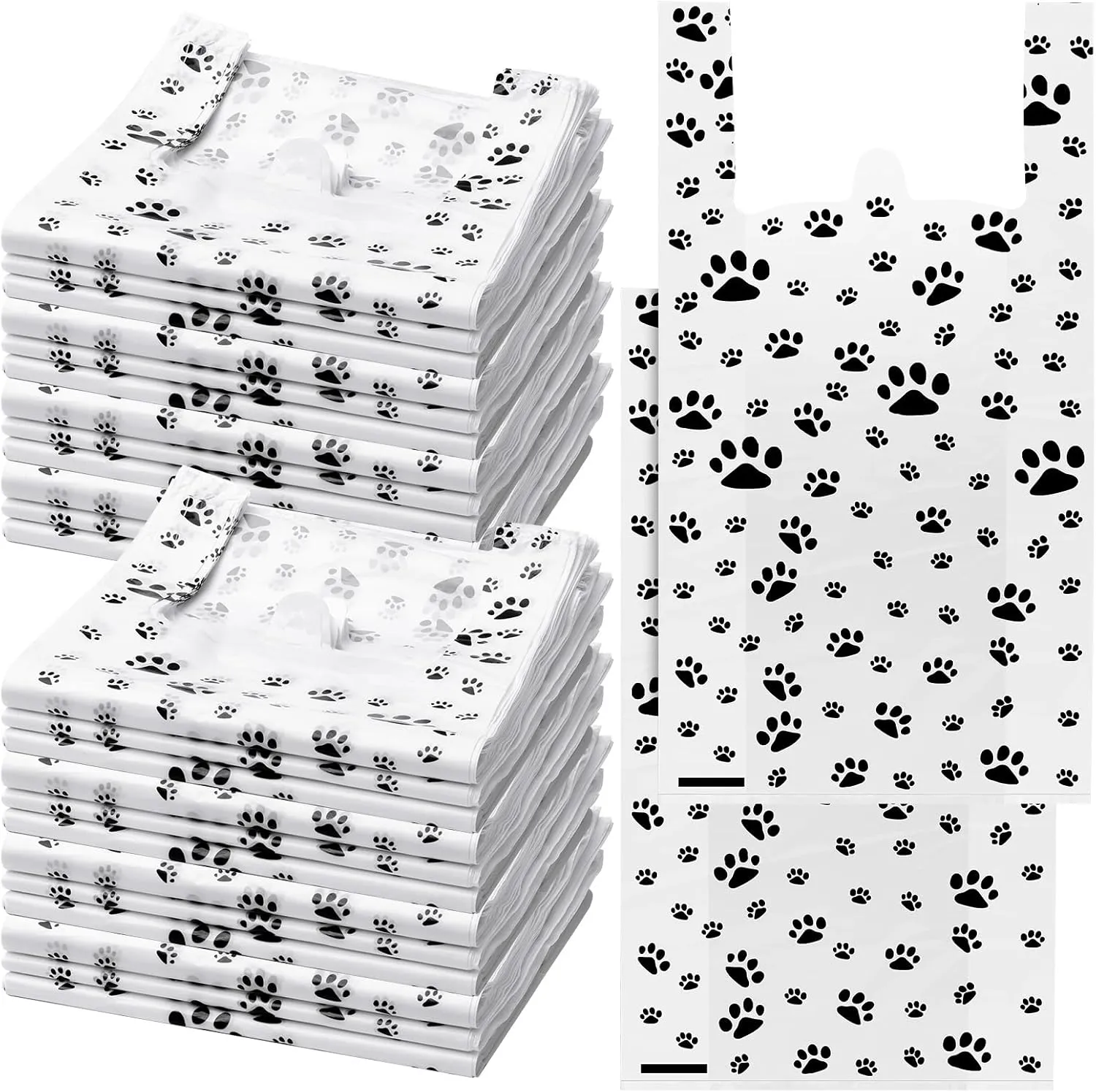 Kosiz 200 Pcs Plastic T Shirt Print Dog Gift Bags with Handles Design Cat or Dog Paw Disposable Thank You Bags for Shopping Gift Merchandise Grocery Home Using, 22 x 11.6 Inches(Black)