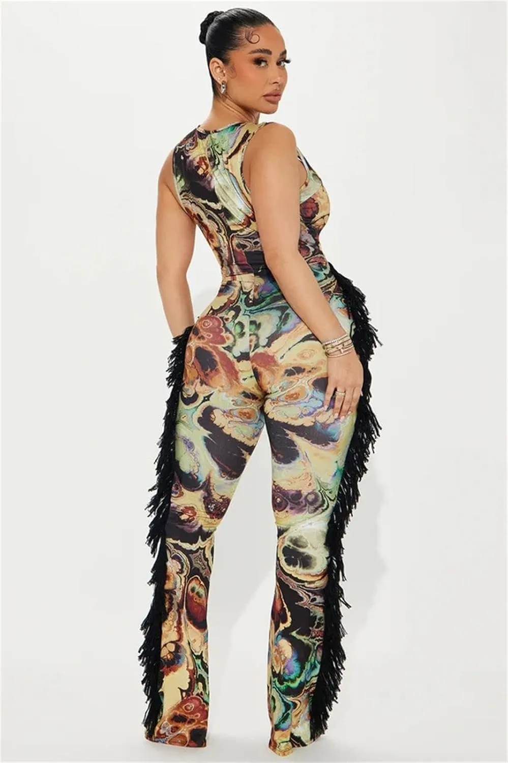 ksotutm Floral Print Sexy Jumpsuits for Women Sleeveless Fringe Jumpsuit One Piece Jumpsuits Club Outfits