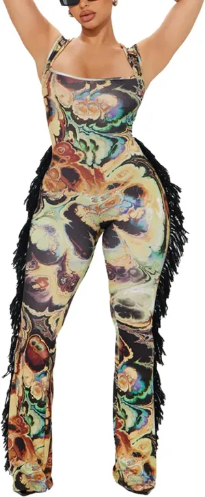 ksotutm Floral Print Sexy Jumpsuits for Women Sleeveless Fringe Jumpsuit One Piece Jumpsuits Club Outfits