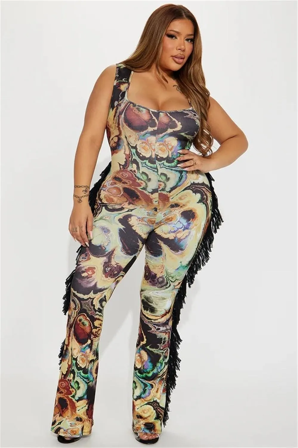 ksotutm Floral Print Sexy Jumpsuits for Women Sleeveless Fringe Jumpsuit One Piece Jumpsuits Club Outfits