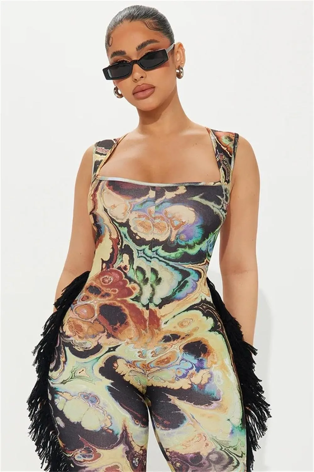 ksotutm Floral Print Sexy Jumpsuits for Women Sleeveless Fringe Jumpsuit One Piece Jumpsuits Club Outfits