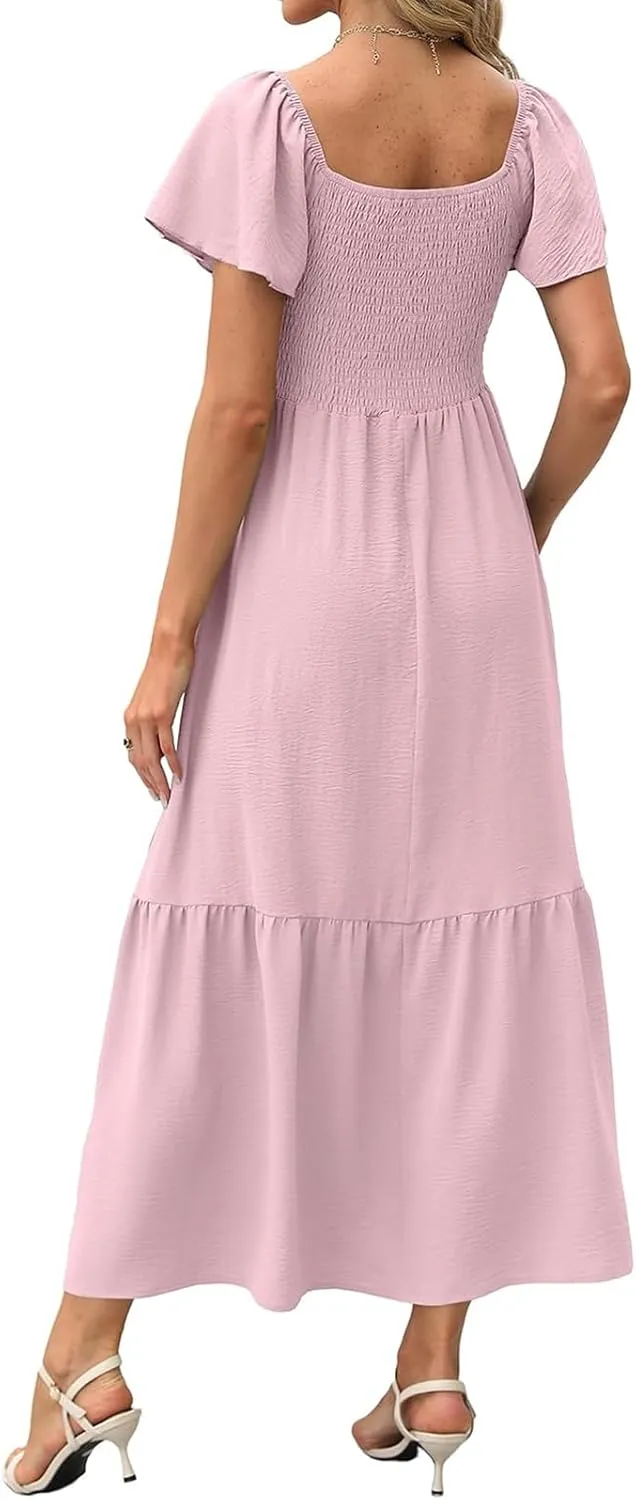 Kubbon Flutter Sleeve Dress for Women Square Neck Flowy Tiered Maxi Dresses Elegant Wedding Guest Dress with Pockets