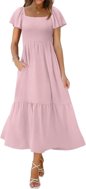Kubbon Flutter Sleeve Dress for Women Square Neck Flowy Tiered Maxi Dresses Elegant Wedding Guest Dress with Pockets