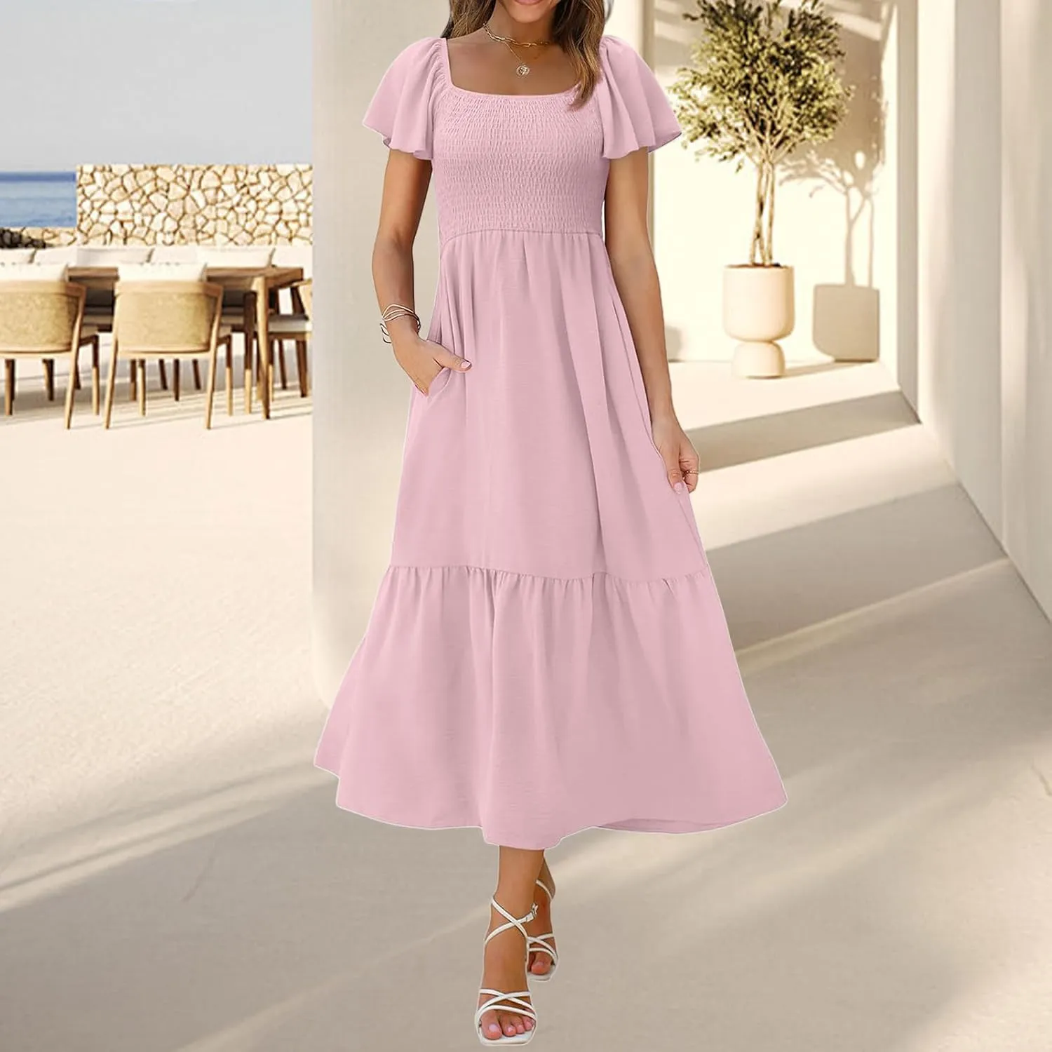 Kubbon Flutter Sleeve Dress for Women Square Neck Flowy Tiered Maxi Dresses Elegant Wedding Guest Dress with Pockets