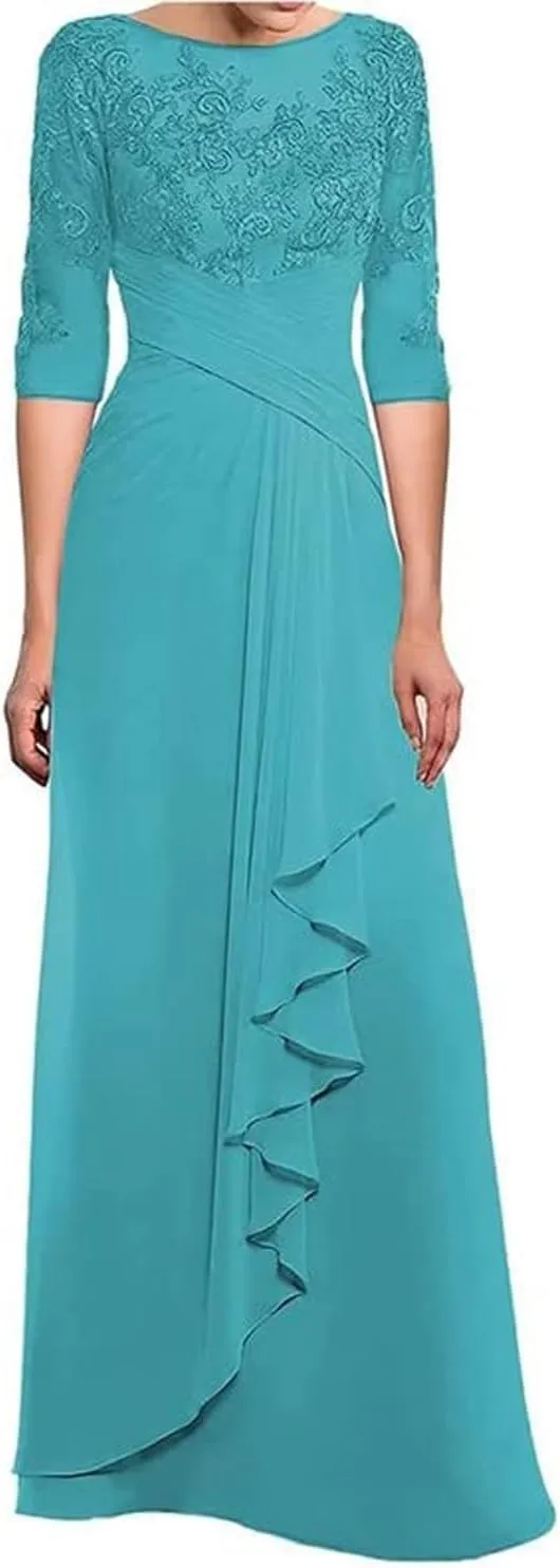 Lace Applique Mother of Bride Dresses for Wedding Ruffles Chiffon Formal Evening Gown