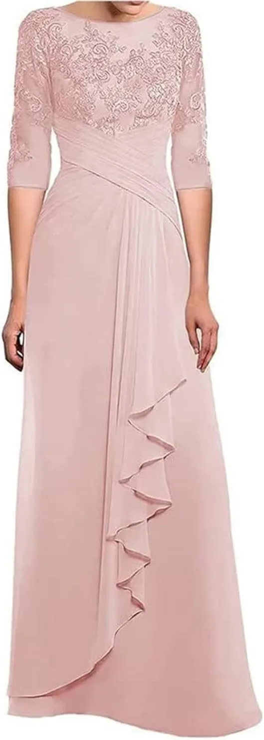 Lace Applique Mother of Bride Dresses for Wedding Ruffles Chiffon Formal Evening Gown