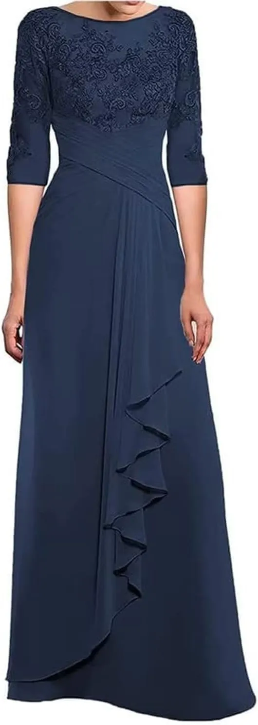 Lace Applique Mother of Bride Dresses for Wedding Ruffles Chiffon Formal Evening Gown