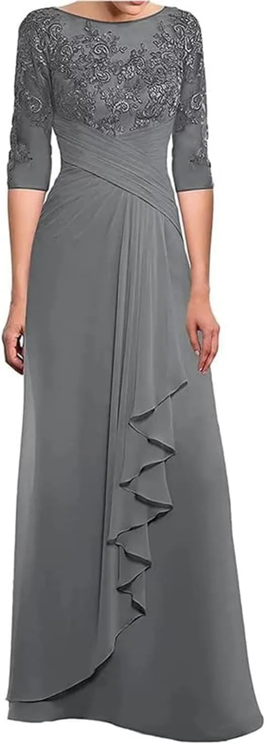 Lace Applique Mother of Bride Dresses for Wedding Ruffles Chiffon Formal Evening Gown