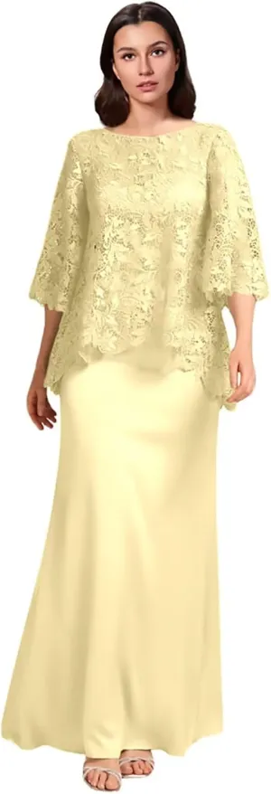 Lace Applique Mother of The Bride Dresses Long Chiffon Formal Evening Gowns Round Neck Wedding Guest Dresses