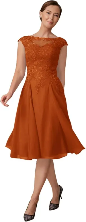 Lace Appliques Mother of The Bride Dresses for Wedding Knee Length Chiffon Formal Evening Gown