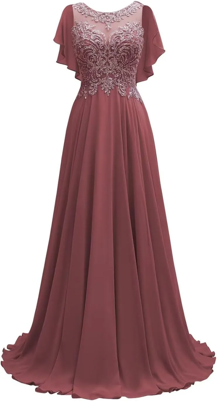 Lace Chiffon Mother of The Bride Dresses Long for Women Beaded Scoop Neck Bridesmaid Dresses Cape Sleeve Formal Evening Gown